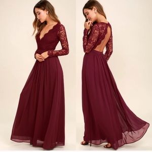 Burgundy Long Sleeve Lace Maxi Dress